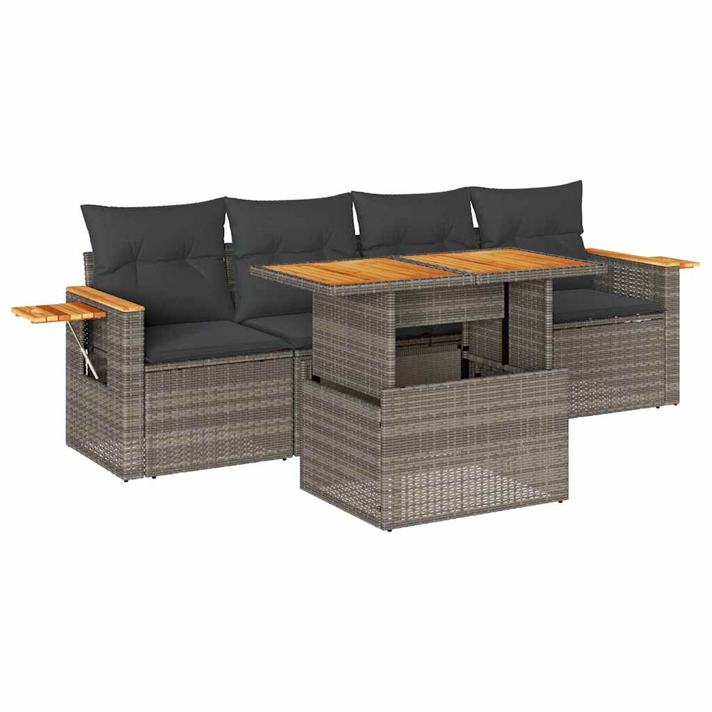 5 Piece Garden Sofa Set with Cushions Grey Poly Rattan & Acacia