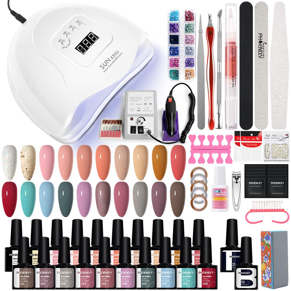 Набор гелей для ногтей PHOENIXY, профессиональный дизайн ногтей с УФ-светодиодной лампой 80 Вт, дрель для гель-лака для ногтей, набор инструментов для удаления лака для ногтей, набор инструментов для маникюра