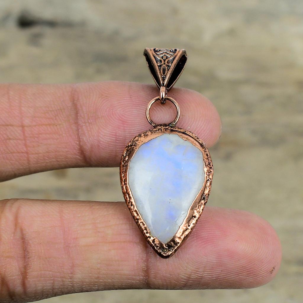 Кулон Rainbow Moonstone, гальванопластический медный кулон, изящный кулон, гальванопластическое ювелирное изделие ручной работы, натуральный драгоценный камень, кулон в подарок для женщин