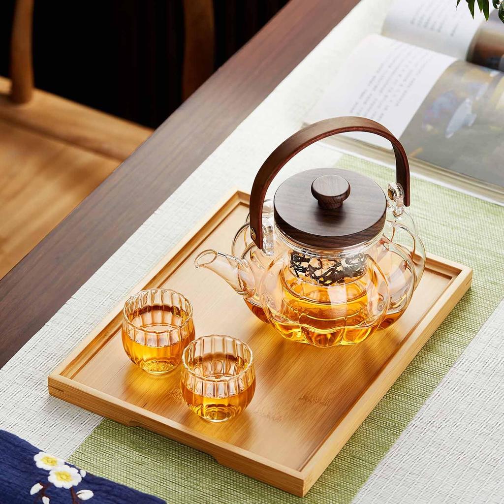 Pokaro Tea Heat-Resistant Glass Teapot, Pumpkin Shape, 940ml, Vertical Stripe Design, Suitable for Steaming and Boiling Tea, Includes Tea Strainer,