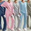 Женская домашняя одежда Осень и Зима Новая Мода Повседневные Прямые Брюки Свободный Трикотажный Костюм с V-образным Вырезом и Длинными Рукавами