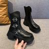Fashion High Quality Shoes for Women 2024 Autumn Metal Belt Buckle Design Women's Punk Boots Waterproof Anti-slip Thick Sole Zipper Boot