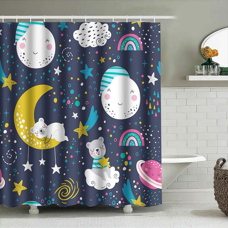 Whimsical Space Shower Curtain Kids Bedroom Decor with Moon Stars Pattern Blue Fabric Shower Curtains for Bathroom Waterproof Ho