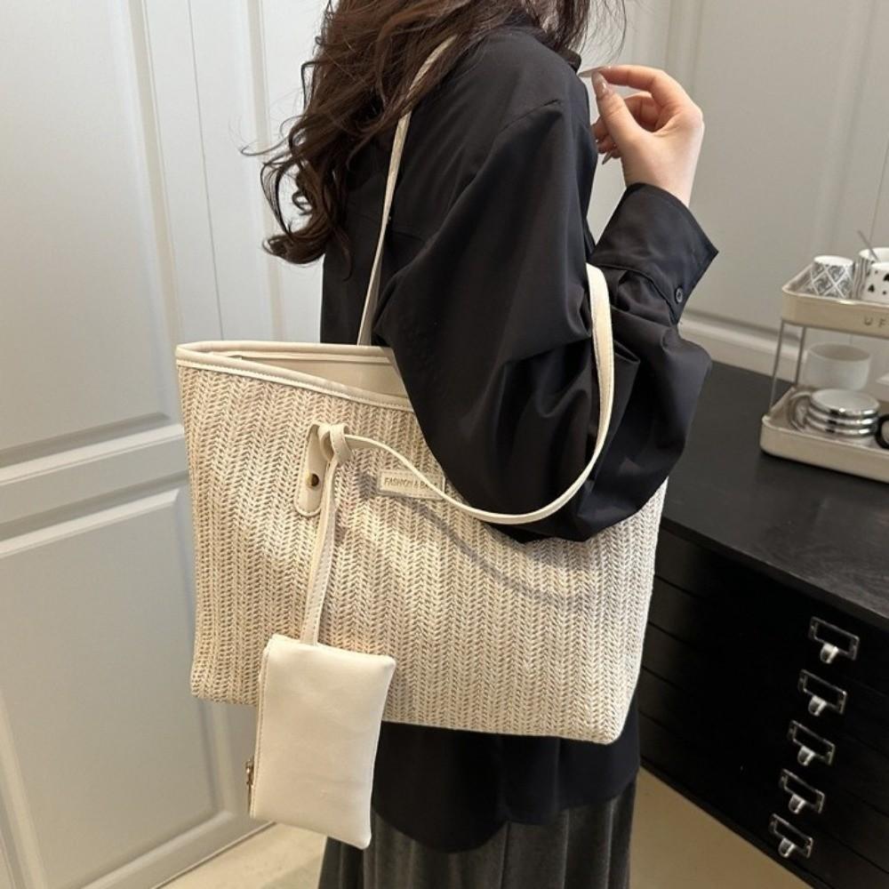 PU Weave Tote Bag Solid Color Beach Straw Handbag Simple Straw Shoulder Bag Women