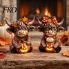 Fine Carving Wood Art 2PCS Highland Cow Ornament, Wooden Rustic Style Figurine, Thanksgiving Home Decoration Theme Art, for Entrance Living Room Decor