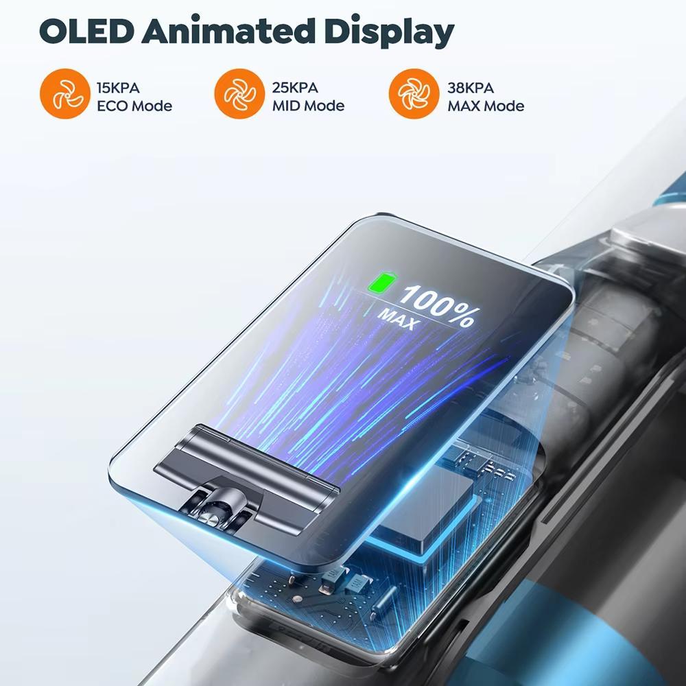 VC60, 38 кПа Всасывание, 55 мин Время работы, HEPA Фильтрация, Умный OLED Дисплей, 7*2500 мАч литиевая батарея, 4-5 часов зарядка