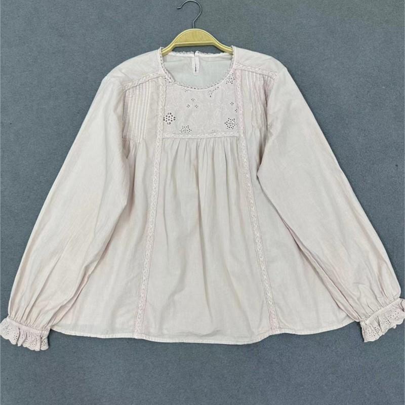 Johnature Лесные кружевные однотонные рубашки осенние вышитые тонкие женские повседневные простые свободные базовые топы