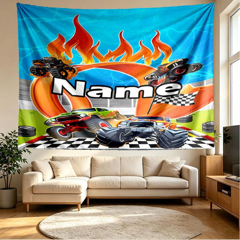 Custom Name Personalized Hot Wheels Print Tapestry, Wall Art Decor, Bedroom, Dorm, Apartment, LivingRoom, Party Backdrop, Gift for Birthday