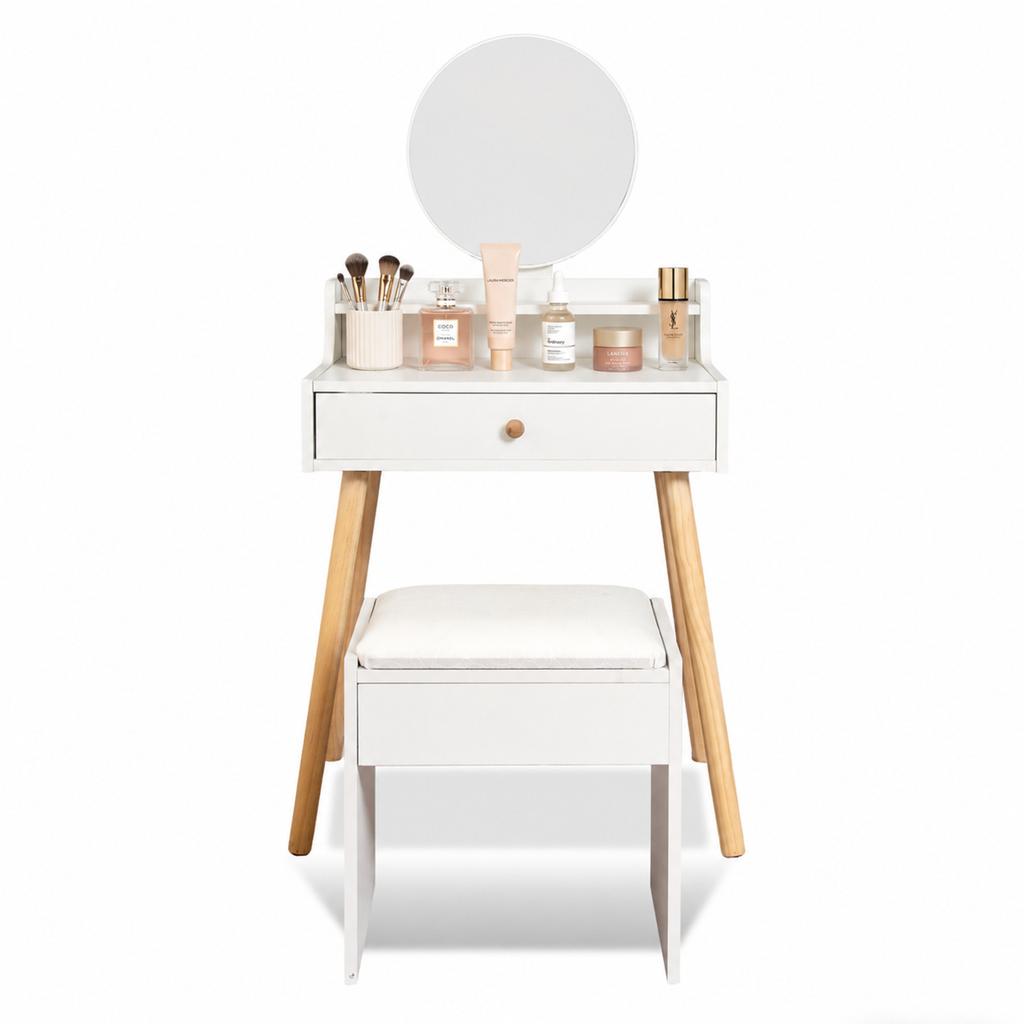 Tocador Maquillaje Espejo Redondo Nórdico Nyana Home | Cajón y Taburete | 60,5cm