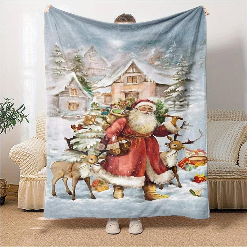1pc Santa Claus, snowy village blanket Lightweight Flannel Throw for Sofa Bed Travel Camping Livingroom Office Couch Chair