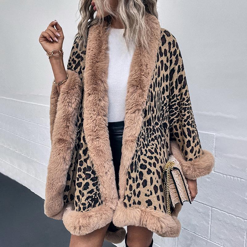 Women Autumn Winter Fur Collar Leopard Pattern Shawl Cardigan Fashion Vintage Batwing Sleeve Thick Warm Cape Coat