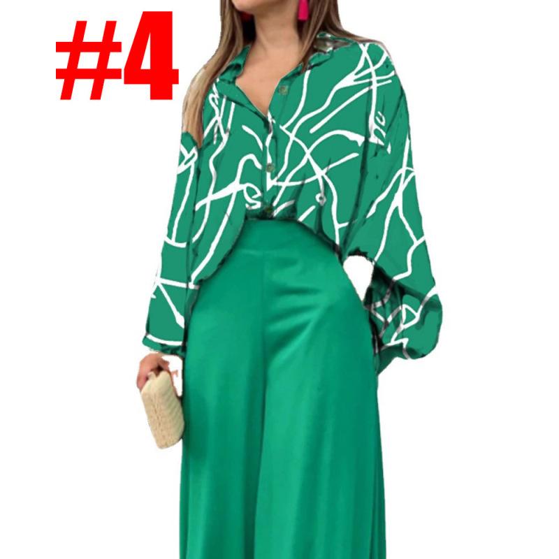 Women's Sets Casual Loose Plus Size Lapel Printed Long Sleeve Shirt Solid Color High Waist Wide Leg Pants