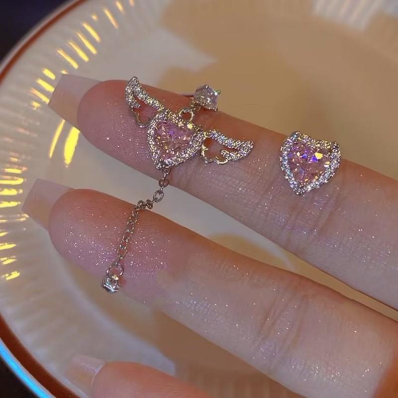 Женские серьги Jwer Hearts Wings с розовыми стразами, длинные серьги с подвеской в виде сердца, трендовые серебряные серьги для пар, подарок на вечеринку, ювелирные изделия