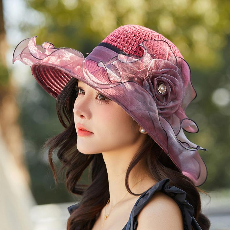 Elegant Summer Women'S Sun Hat Breathable Organdy Material Foldable Design Top Flower Organza Wide Brim Ruffled Beach Hat