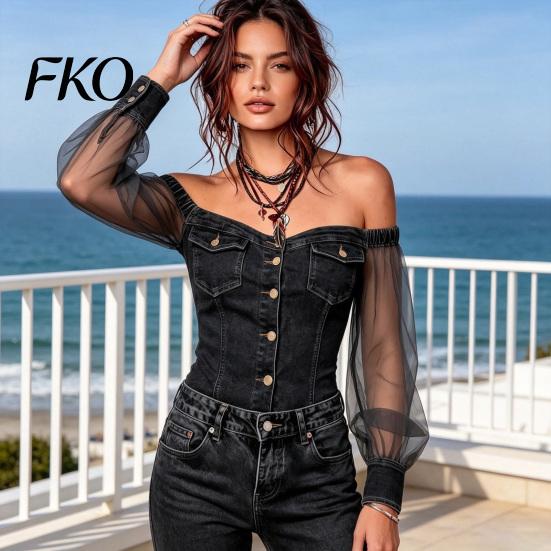 Comfortable Summer Tops for Women, Mesh Splicing Imitation Denim Shirt, Off Shoulder Mid-length Blouse Long Sleeve Chiffon Work Parties And