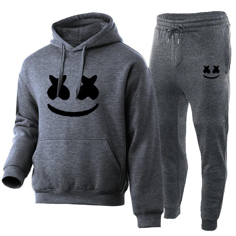 Комплект из худи с лицом Marshmello и штанов-джоггеров, унисекс, оверсайз, повседневный, зимний спортивный костюм