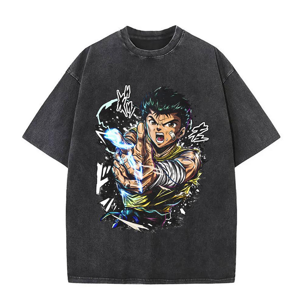 Аниме YuYu Hakusho Винтажная стираная футболка Мужская Женская Одежда Мультяшная Оверсайз Футболка Мужская Хип-Хоп Ретро Футболки Уличная одежда
