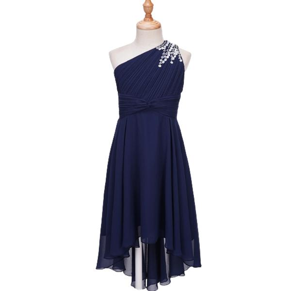 Kids Girls Ruched Shiny Beaded One Shoulder Dress High Waist High-low Hem Party Dress for Evening Proms
