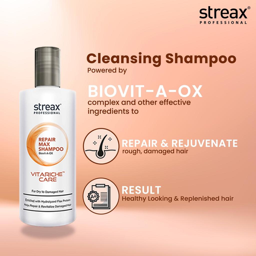 Streax Professional Vitariche Care Repair Max Shampoo 300ml For Dry Damaged Hair Unisex Hair Strengthening