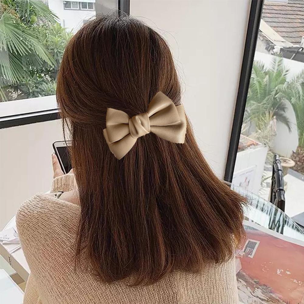 Girls Solid Color Duckbill Clips PU Leather Hair Clips Bow Hairpin Spring Clips Headwear