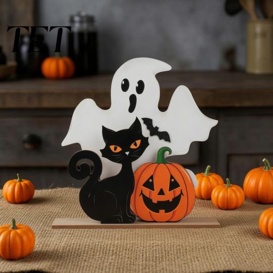 Wooden Tiered Tray Decor Halloween Table Decor, Black Cat Ghost Pumpkin Decorations Indoor Cute Dark Theme Party Ornaments Gifts, Room for Tables