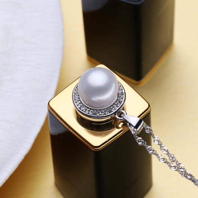 LSOOYH Round Design 10-11mm Big Natural Freshwater Pearl Jewelry Necklace Cubic Zirconia CZ Necklace