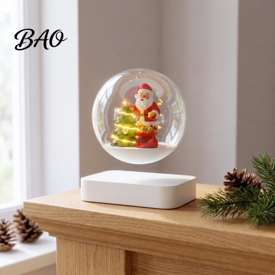Magnetic Floating Christmas Sleigh Levitating Santa Claus Tree Ornament with LED Light, Lighted Rotating Creative Party Accessory Glass Ball
