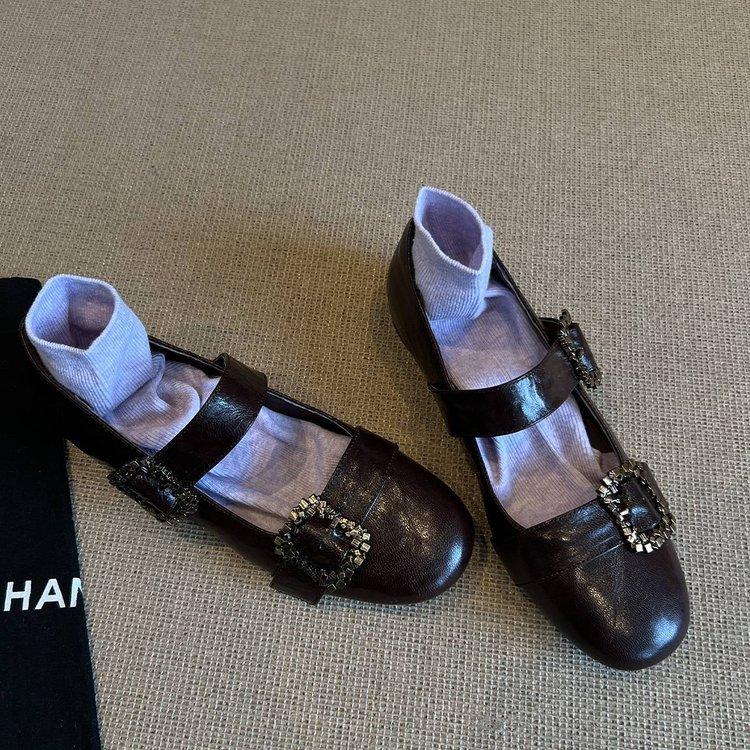 Blue Cabinet French Single Shoes Women's Flat Commuter Ballet Shoes Gentle Evening Shoes with Skirt One-word Buckle Mary Jane Shoes