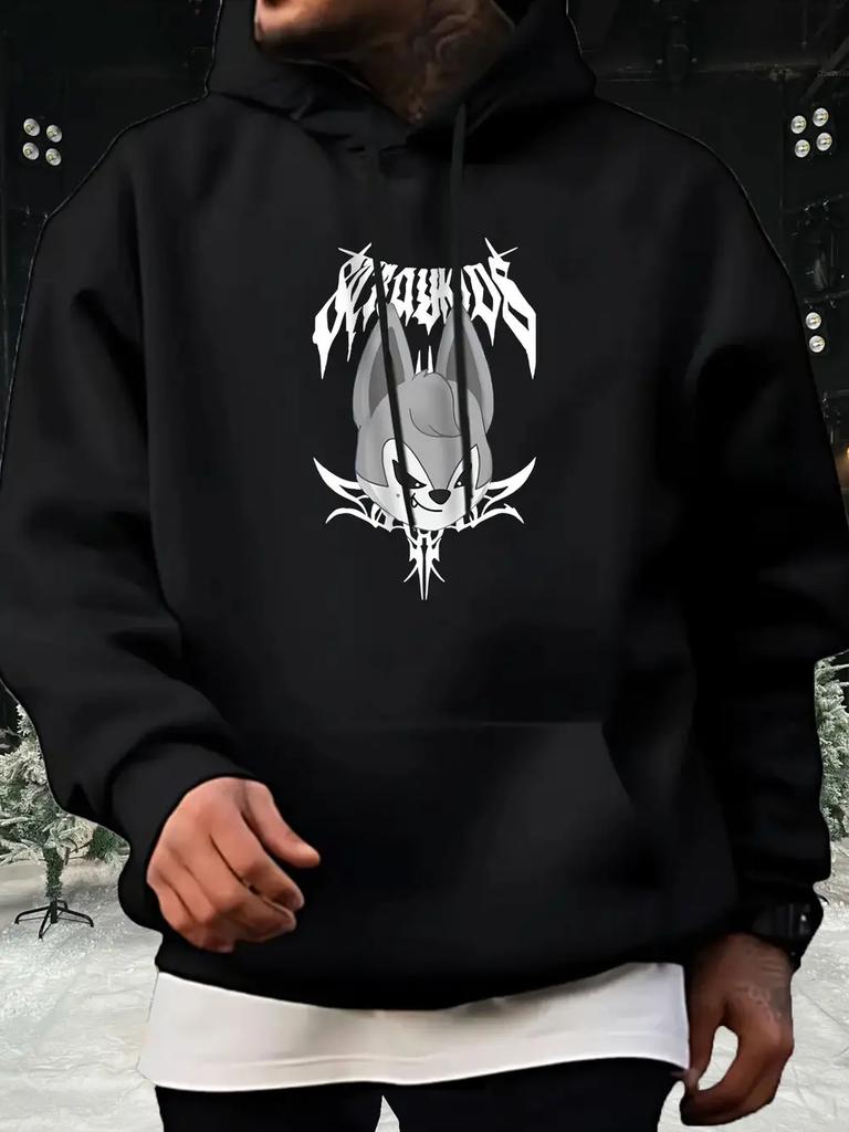 Fleece-Lined Graphic Print Hoodie - Skull & Wings Design