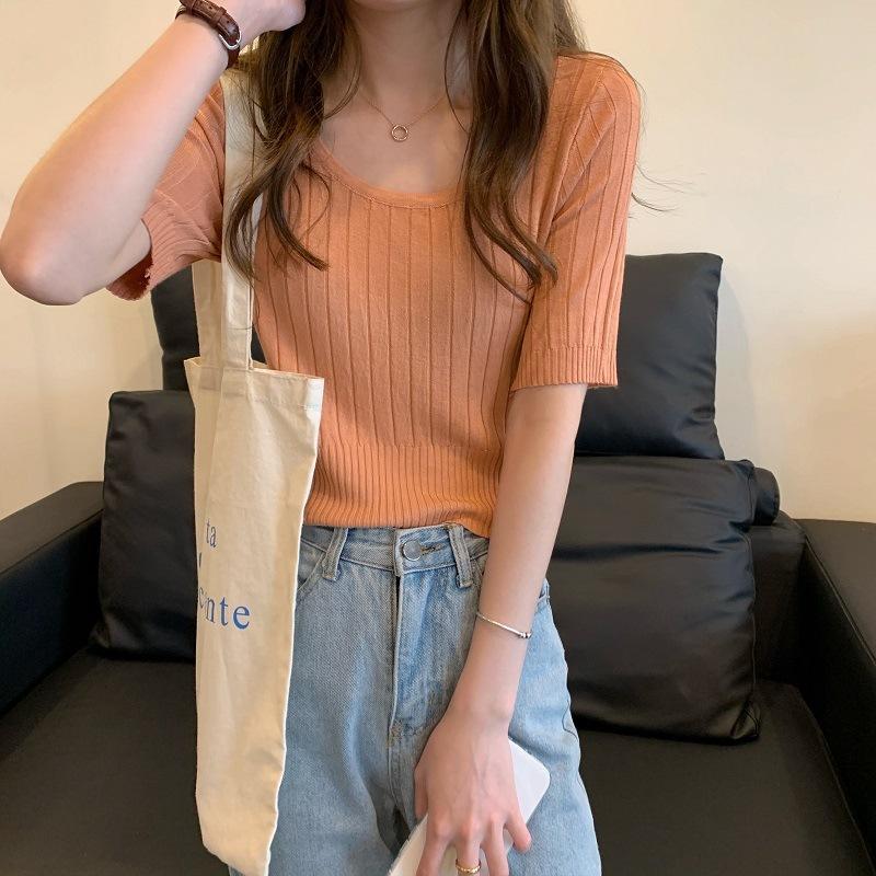 Футболка с французской талией, летняя женская, новая, с U-образным вырезом, из тонкого шелкового трикотажа, с коротким рукавом, с квадратным вырезом, короткая рубашка