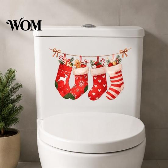 Indoor Outdoor Festive Wall Art Christmas Stocking Toilet Stickers, Waterproof PVC Bathroom Decals for Holiday Home Glass Door Stickers Decoration,