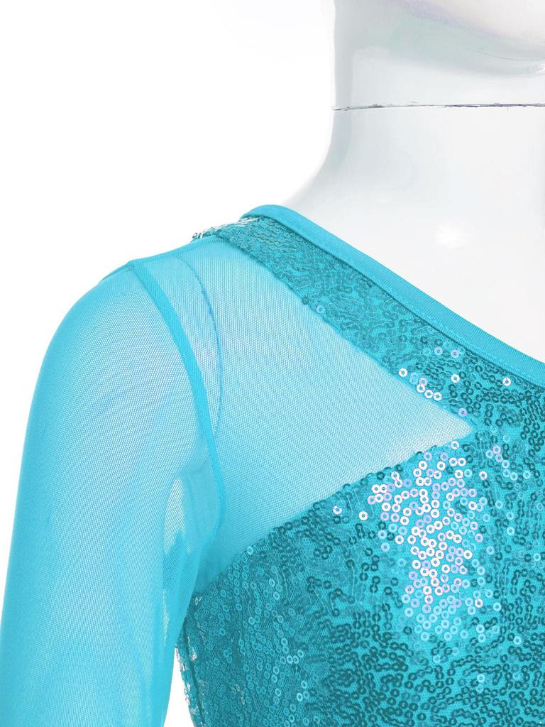 Kids Girls Dance Stage Performance Costume Sparkly Sequins Long Sleeve One Shoulder Top with Tiered Ruffle Skirted Shorts