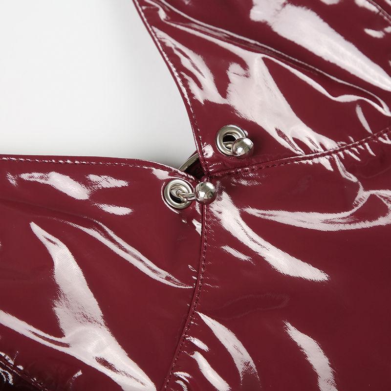 High Street Sexy Babes Chic Beauty Back Camisoles American Style PU Glossy Backless Cropped Trim Tops Fashion V-neck Red Vest