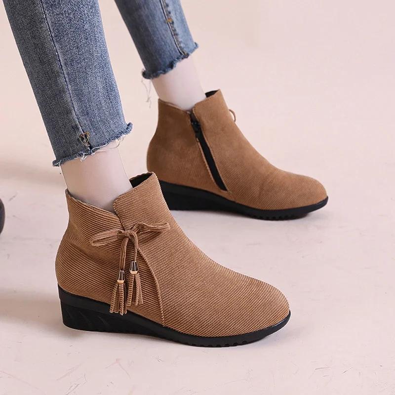 Women's Shoes 2024 Plus Size Ankle Women's Boots Outdoor Modern Boots Women Bow Tie Round Toe Side Zip Wedges Female Shoes