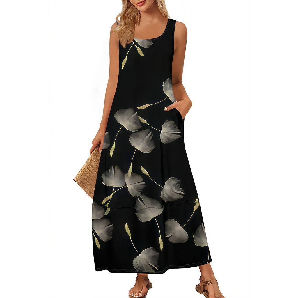 Женский повседневный сарафан длиной до пола, летнее пляжное платье, круглый вырез, без рукавов, свободный сарафан с принтом