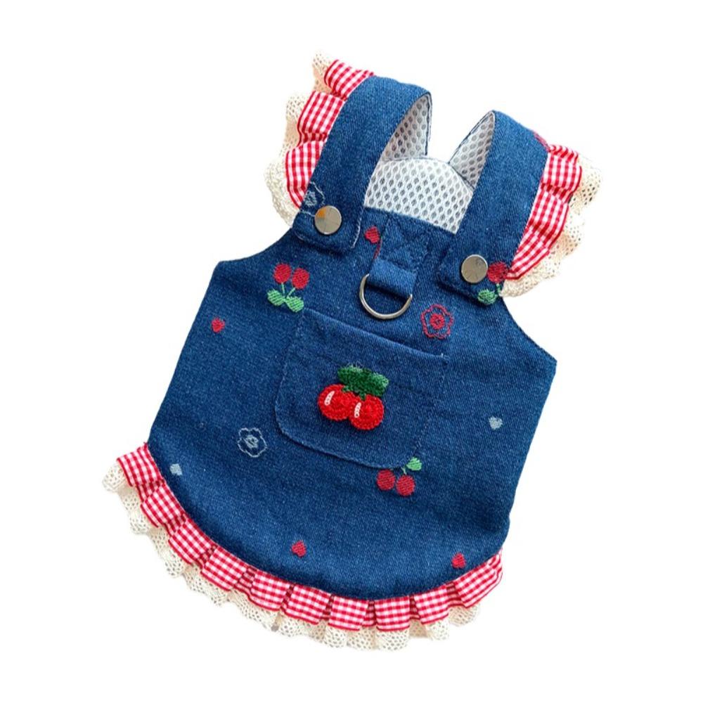 Fashion Trendy Denim Cherry Pet Dog Skirt Breathable Mesh Soft Vest Dog Denim Dress Washable Lace Cat Clothes Cats Kitten