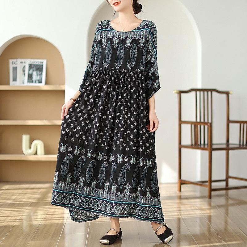 Short Sleeve Plus Size Cotton Satin Vintage Floral New In Dresses for Women Casual Loose Long Summer Dress