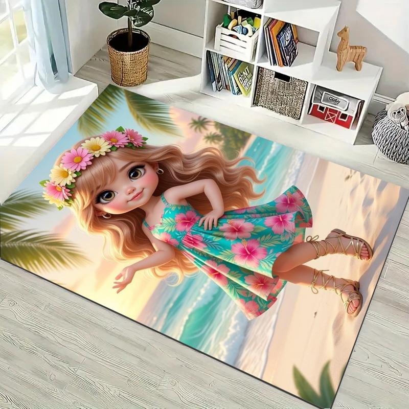 Tropical Beach Cartoon Girl Print Non‑Slip Rug, Summer Coastal Decor Carpet for Living Room Bedroom Home Decoration
