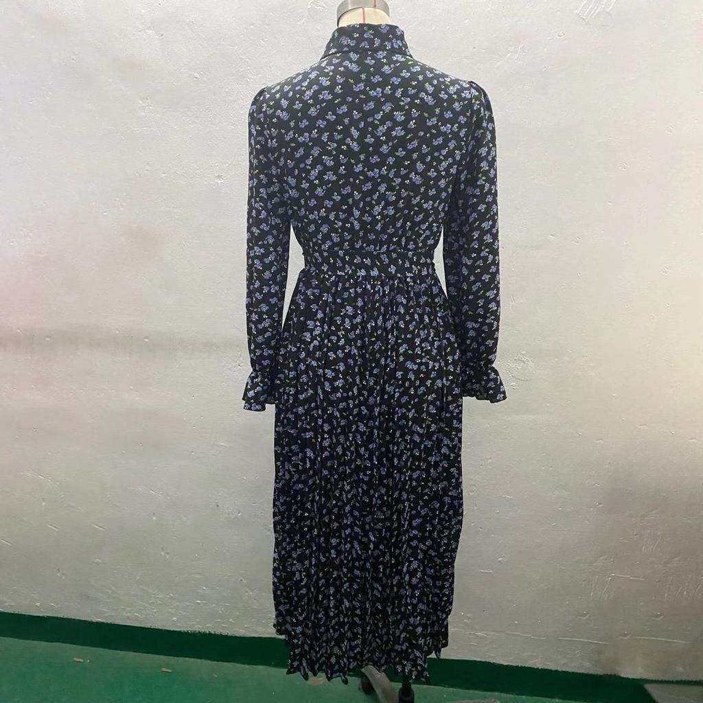 Women Autumn Winter Long Sleeve Flower Print V-neck Casual A-Line Ankle-Length High Waist Dress