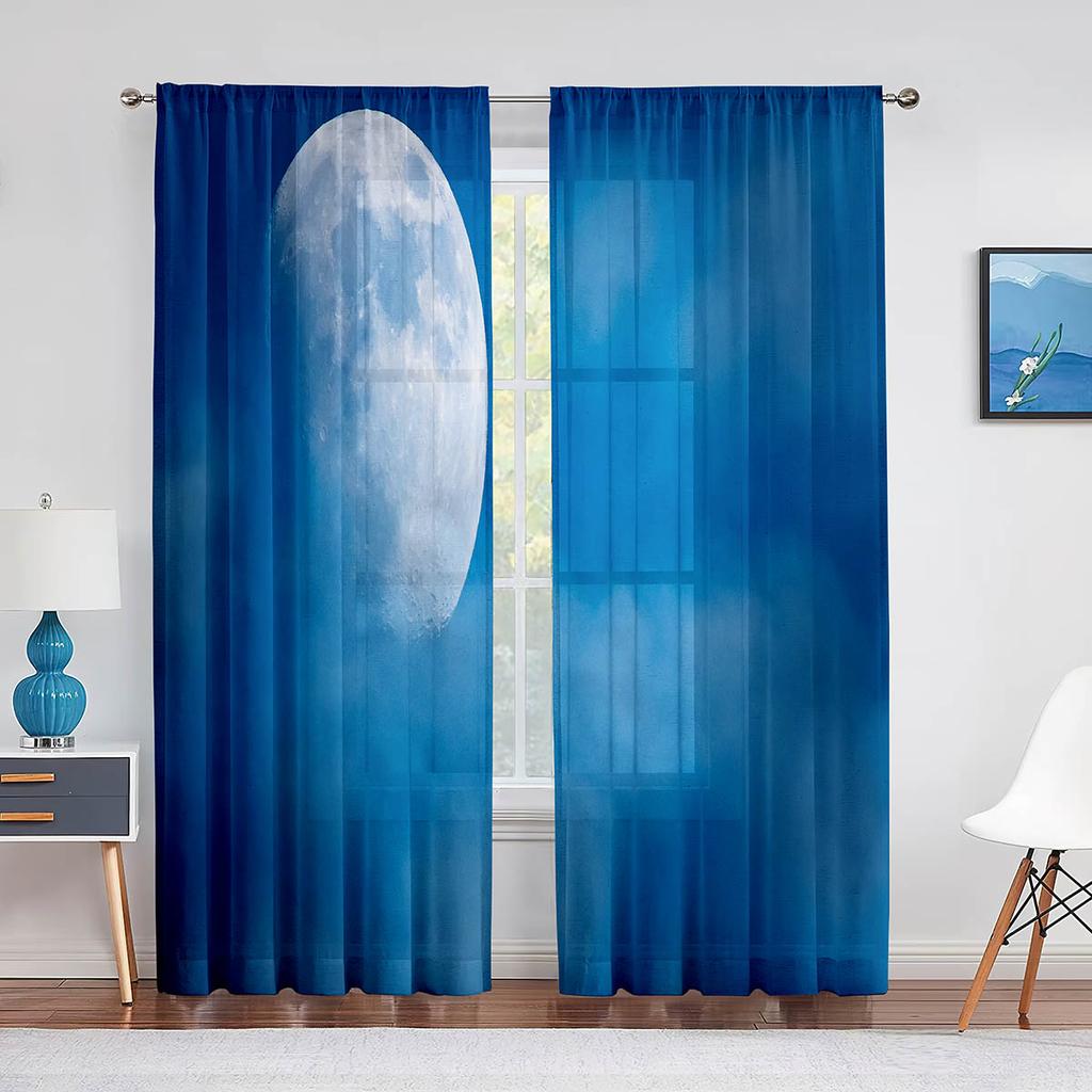 Тюлевые шторы «Звездная ночь» с пейзажем неба и звездами и луной для гостиной, спальни, кухни, декор, шифоновая прозрачная вуаль, оконная занавеска