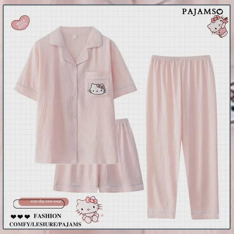 Летняя пижамная одежда Dopamine Pink Striped из хлопкового крепа - женская, с короткими рукавами, из трех предметов