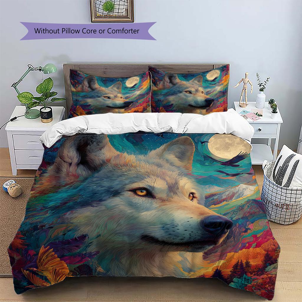 Colorful-Furred Wolf Pattern Bedding Quilt Set Quilt Cover Pillowcase Home Decoration Gift (1 * duvet cover + 2 * pillowcase, without core)