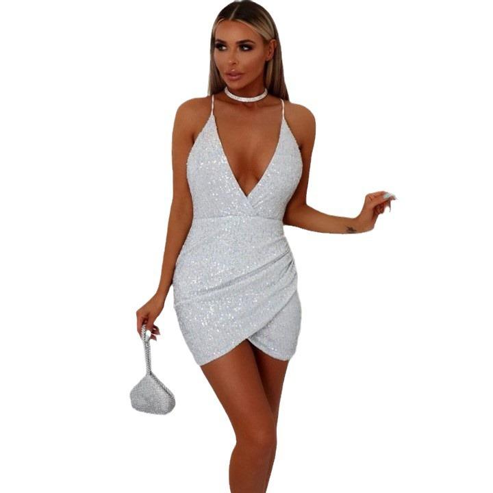 Новая европейская и американская женская одежда независимая станция белое пайетки сексуальное платье-комбинация с глубоким V-образным вырезом весна