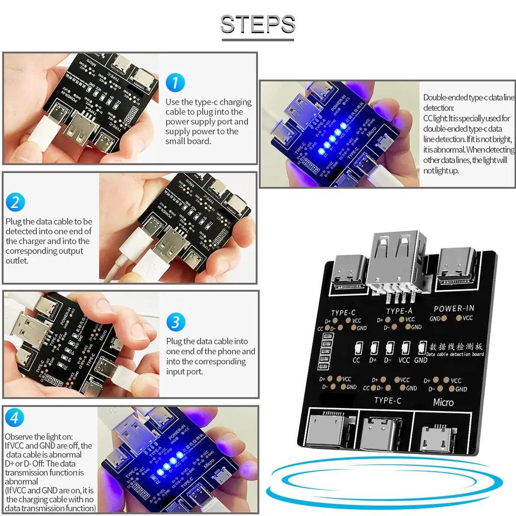 Тестер USB-кабелей DT3 для IOS Android Micro Type-C, плата для тестирования на короткое замыкание, вкл/выкл, инструмент, плата для обнаружения кабелей данных DT3