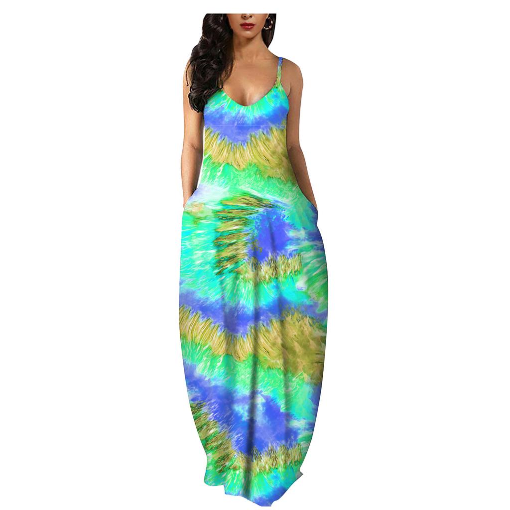Women Gradient Tie-Dye Sleeveless V Neck Maxi Dress Sundress Beach Long Dres