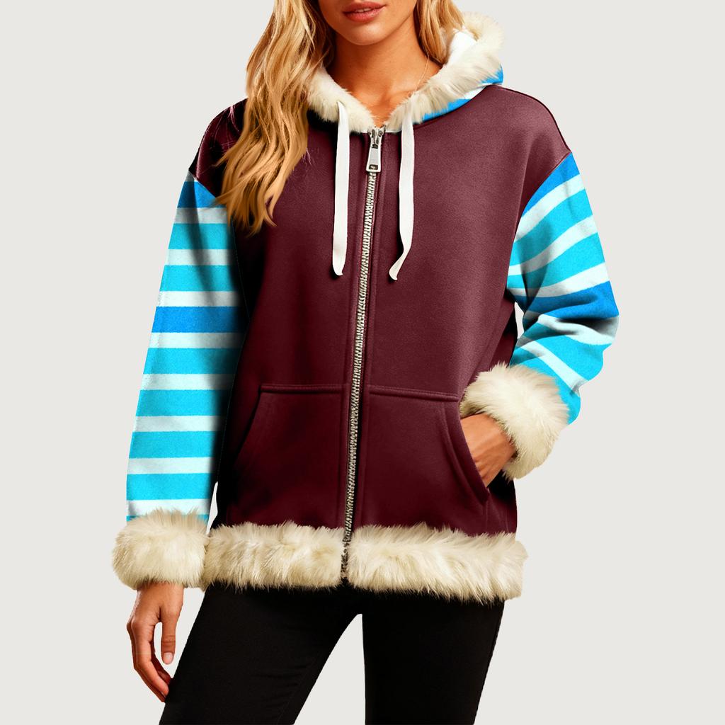 Женская Удобная Свободная Модная Повседневная Толстовка-Куртка с Длинным Рукавом, Карманами и Капюшоном с Полосатым Принтом