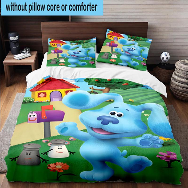 Cartoon Blue dog 3pcs Bedding,Including 1pc Duvet Cover And 2pcs Pillowcases Perfect for Christmas,Ideal for Bedroom, Dormitory