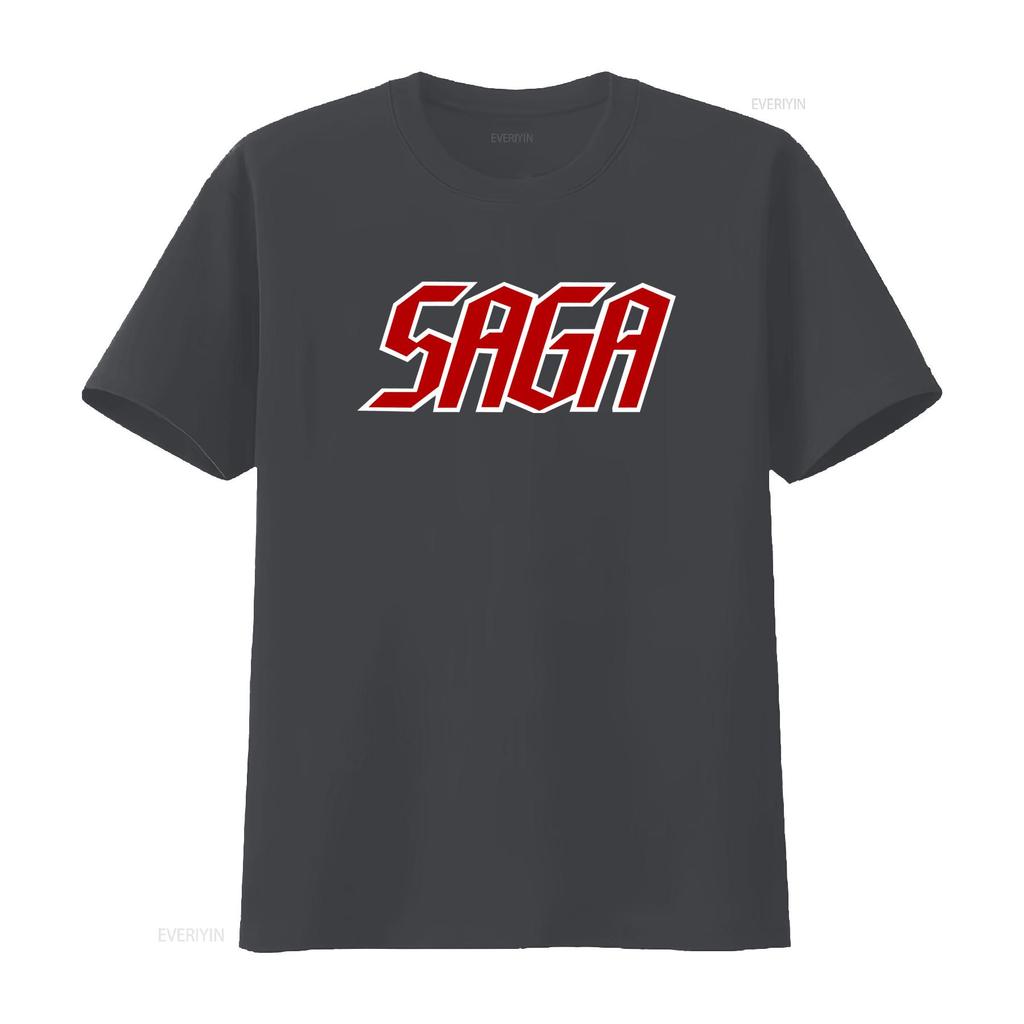 Saga Band Logo Black T Shirt All Sizes Available Bold Red White Design for Music Fans Comfortable Cotton Fabric Perfect