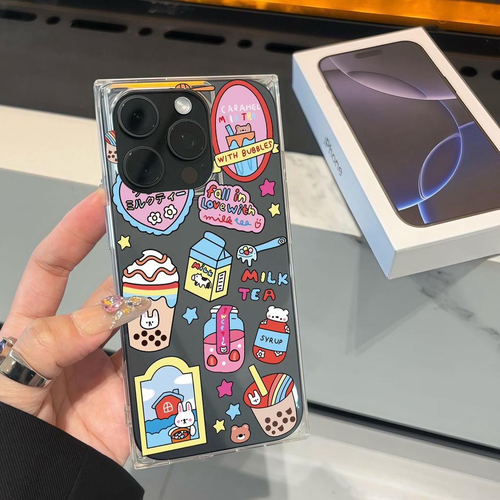 Прозрачный квадратный чехол-трубка для защиты iPhone 14 Pro Max 12 13 16 ProMax 15 Plus 11, защита от окисления, чехол с рисунком молочного чая
