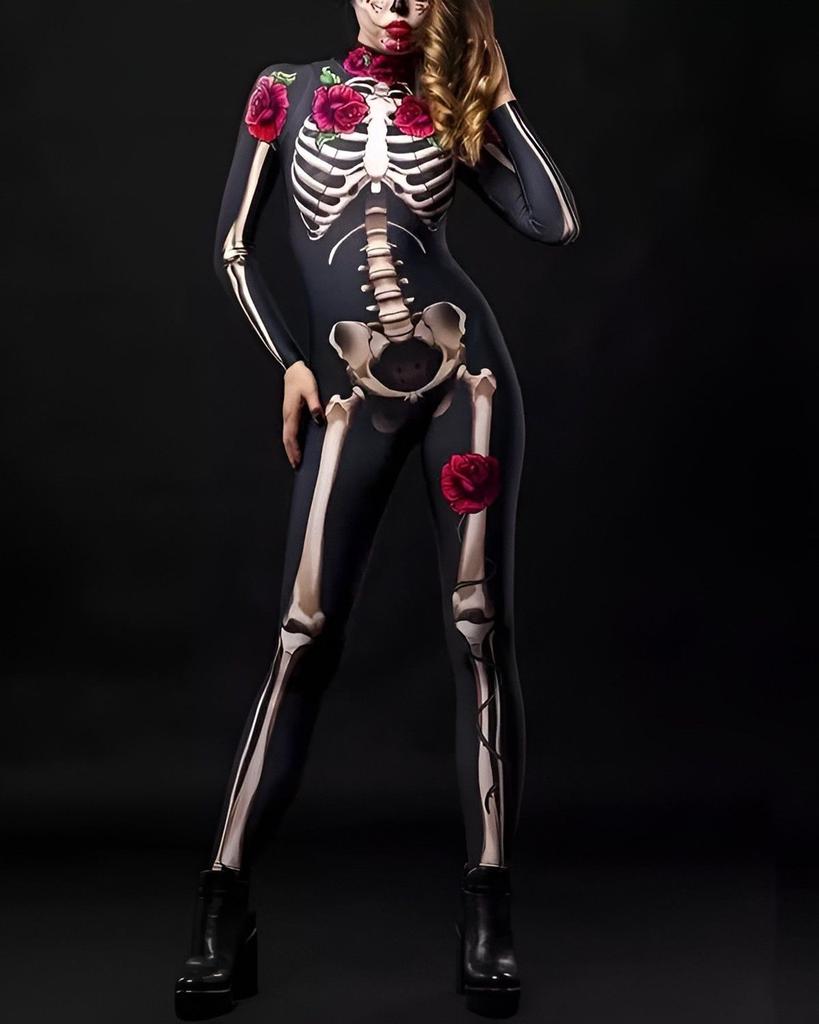 Дышащая ткань Женский костюм скелета на Хэллоуин для удобной посадки
